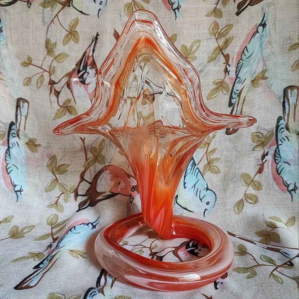 Jack In The Pulpit Blown Glass Swirled Orange Vintage Flower Vase Pontil Mark